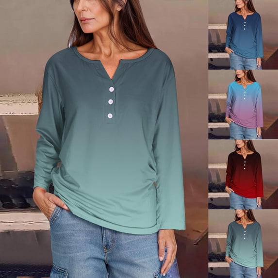 HVOBTTY Womens Long Sleeve Pullover T Shirt, Fall Tops for Women, Women's Casual Fashion Soft Gradient Print V Neck Daily Wear Pullover Top Navy, XXL