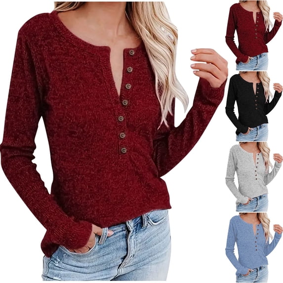 HVOBTTY Womens Long Sleeve Pullover T Shirt, Fall Tops for Women, Women's Casual Solid Color Crew Neck Knit Button Pullover Top Gray, XXXL