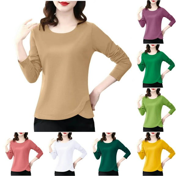 Fall Saving! HVOBTTY Womens Long Sleeve Pullover T Shirt, Fall Tops for Women, Women's Casual Solid Color Crew Neck Lightweight Sport T Shirt Khaki, M