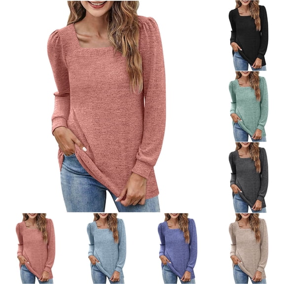 HVOBTTY Womens Long Sleeve Pullover T Shirt, Fall Tops for Women, Women's Casual Solid Color Square Neck Pleated Daily Wear Top Black, XL