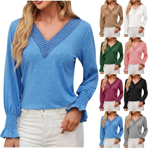 Fall Saving! HVOBTTY Womens Long Sleeve Pullover T Shirt, Fall Tops for Women, Women's Casual Solid Color V Neck Lace Patchwork Loose Fitting T Shirt Black, M