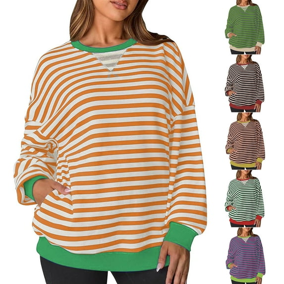 HVOBTTY Womens Long Sleeve Pullover T Shirt, Fall Tops for Women, Women's Casual Striped Color Block Crew Neck Loose Comfortable Top Black, XXL