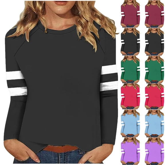 Fall Saving! HVOBTTY Womens Long Sleeve Pullover T Shirt, Fall Tops for Women, Women's Casual Striped Patchwork Raglan Crew Neck Loose T Shirt Light Blue, M
