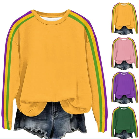 HVOBTTY Womens Long Sleeve Pullover T Shirt, Fall Tops for Women, Women's Casual Striped Print Crew Neck Drop Shoulder Pullover Top Purple, L