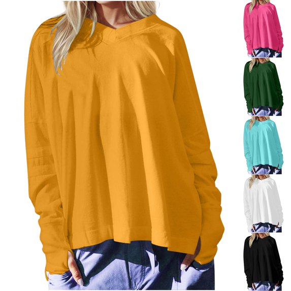 HVOBTTY Womens Long Sleeve Pullover T Shirt, Fall Tops for Women, Women's Plus Size Casual Solid Color V Neck Tunic Athletic Shirt with Thumb Holes Blue, S