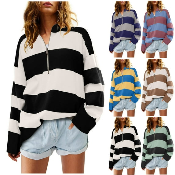 HVOBTTY Womens Long Sleeve Pullover T Shirt, Fall Tops for Women, Women's Plus Size Striped Color Block V Neck Half Zipper Athletic Loose Pullover Top Green, S
