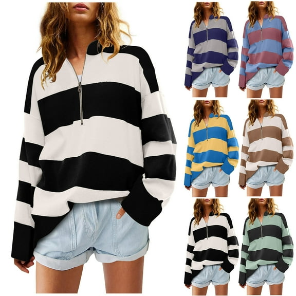 HVOBTTY Womens Long Sleeve Pullover T Shirt, Fall Tops for Women, Women's Plus Size Striped Color Block V Neck Half Zipper Athletic Loose Pullover Top Black, L