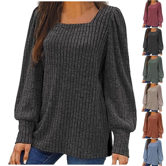 HVOBTTY Womens Long Sleeve Pullover T Shirt, Fall Tops for Women, Women's Solid Color Square Neck Split Hem Loose Puff Sleeve T Shirt Black, M