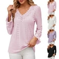 thumbnail image 1 of Fall Saving! HVOBTTY Womens Long Sleeve Pullover T Shirt, Fall Tops for Women, Women's Solid Color V Neck Vintage Style Lace Patchwork Loose T Shirt Black, L, 1 of 5