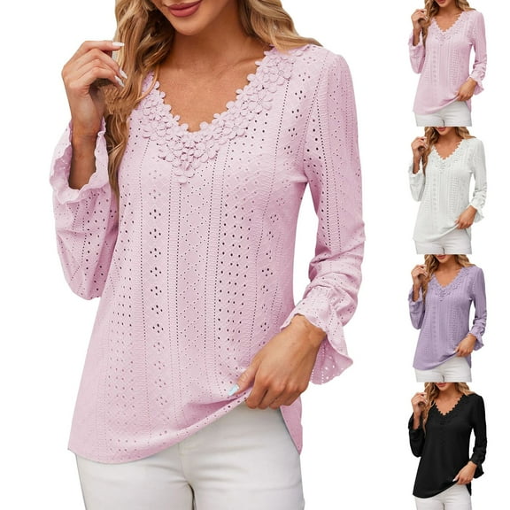 HVOBTTY Womens Long Sleeve Pullover T Shirt, Fall Tops for Women, Women's Solid Color V Neck Vintage Style Lace Patchwork Loose T Shirt Black, S