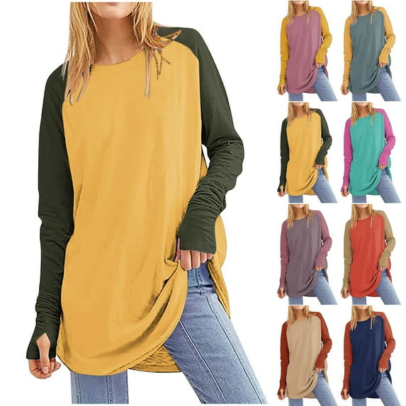 Fall Saving! HVOBTTY Womens Long Sleeve Pullover T Shirt, Fall Tops for Women, Women's Casual Crew Neck Color Block Thumb Hole Sleeve Top Navy, L