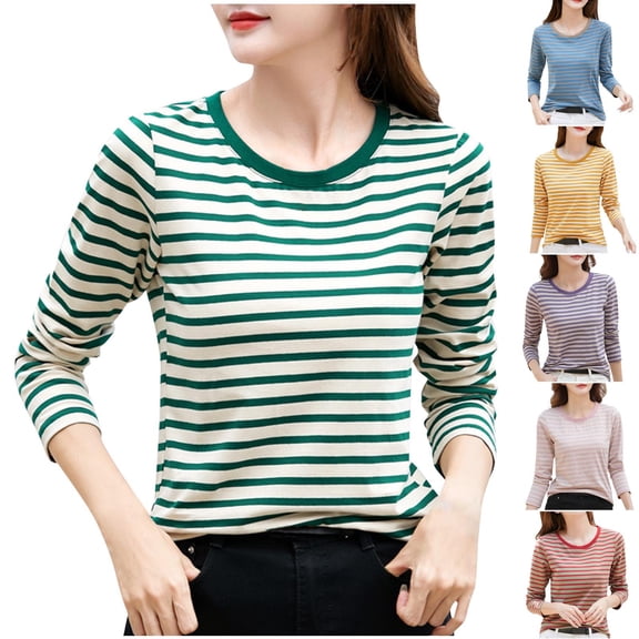 Fall Saving! HVOBTTY Womens Long Sleeve Pullover T Shirt, Fall Tops for Women, Women's Casual Fashion Striped Print Crew Neck Going Out Top Blue, XXL