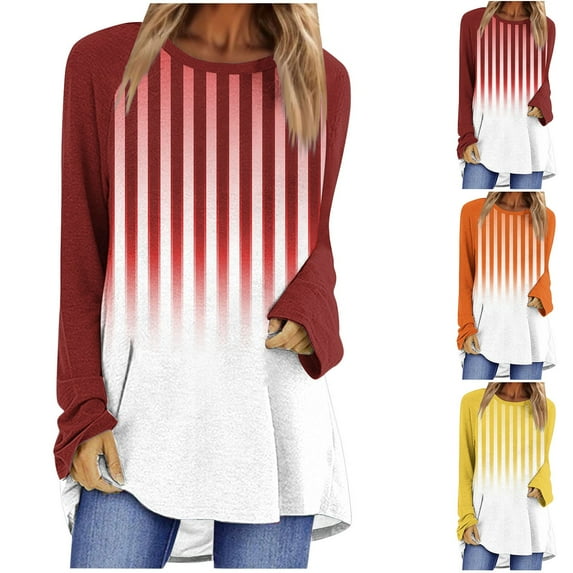 HVOBTTY Womens Long Sleeve Pullover T Shirt, Fall Tops for Women, Women's Casual Gradient Striped Print Crew Neck Long Top Yellow, XXXL