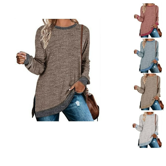 Fall Saving! HVOBTTY Womens Long Sleeve Pullover T Shirt, Fall Tops for Women, Women's Casual Plus Size Color Block Crew Neck Loose Top Brown, XXL