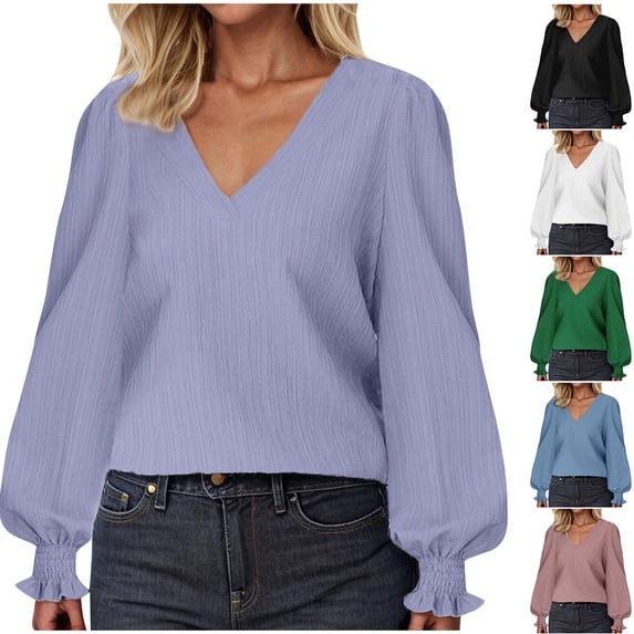 HVOBTTY Womens Long Sleeve Pullover T Shirt, Fall Tops for Women, Women's Casual Plus Size Solid Color V Neck Loose Top Purple, XXL