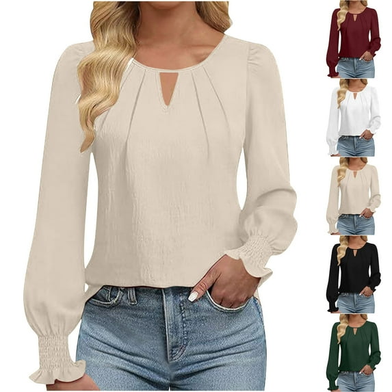 Fall Saving! HVOBTTY Womens Long Sleeve Pullover T Shirt, Fall Tops for Women, Women's Casual Solid Color Crew Neck Cutout Top Beige, M