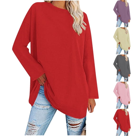 HVOBTTY Womens Long Sleeve Pullover T Shirt, Fall Tops for Women, Women's Casual Solid Color Crew Neck Loose Fitting Top Beige, L