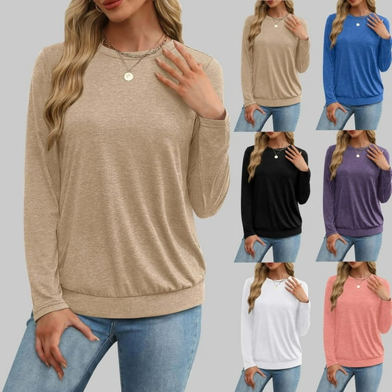 HVOBTTY Womens Long Sleeve Pullover T Shirt, Fall Tops for Women, Women's Casual Solid Color Crew Neck Loose Fitting Top Blue, S