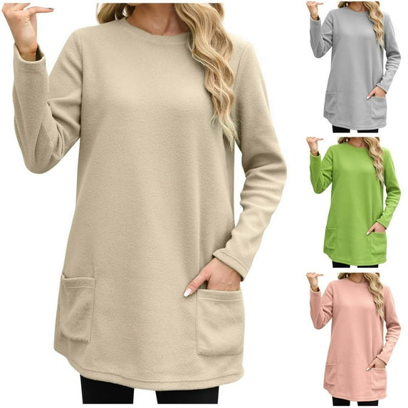 Fall Saving! HVOBTTY Womens Long Sleeve Pullover T Shirt, Fall Tops for Women, Women's Casual Solid Color Fleece Pullover Top with Pocket Khaki, M
