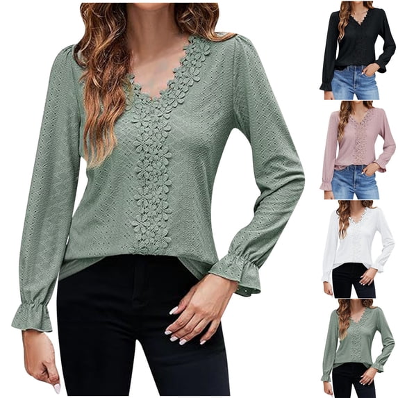 Fall Saving! HVOBTTY Womens Long Sleeve Pullover T Shirt, Fall Tops for Women, Women's Casual Solid Color Hollow Out Floral V Neck T Shirt Green, XL
