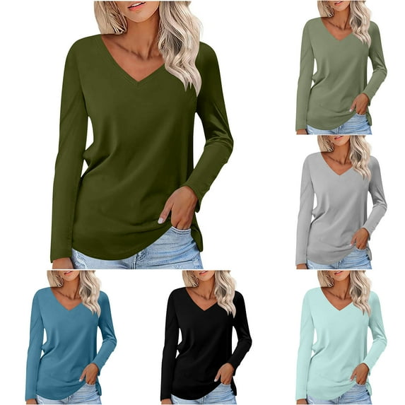 Fall Saving! HVOBTTY Womens Long Sleeve Pullover T Shirt, Fall Tops for Women, Women's Casual Solid Color V Neck Daily Wear Sport Top Blue, XL