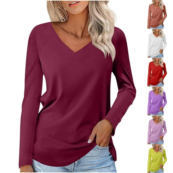 HVOBTTY Womens Long Sleeve Pullover T Shirt, Fall Tops for Women, Women's Casual Solid Color V Neck Daily Wear Sport Top Purple, XL