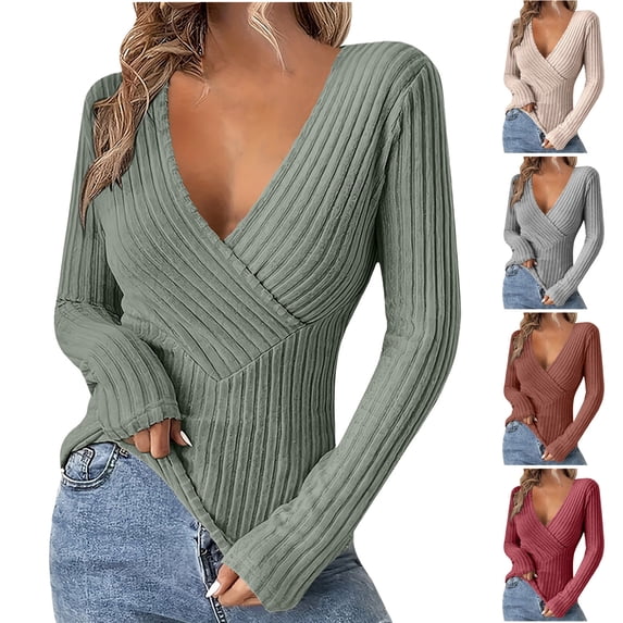 Fall Saving! HVOBTTY Womens Long Sleeve Pullover T Shirt, Fall Tops for Women, Women's Casual Solid Color V Neck Slim Fitting Basic Top Beige, XL
