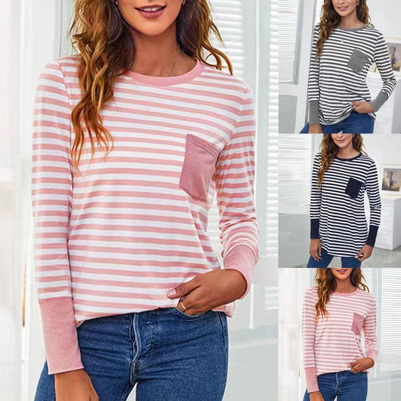 HVOBTTY Womens Long Sleeve Pullover T Shirt, Fall Tops for Women, Women's Casual Striped Crew Neck Top with Pocket Gray, XXL
