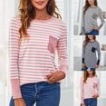thumbnail image 1 of HVOBTTY Womens Long Sleeve Pullover T Shirt, Fall Tops for Women, Women's Casual Striped Crew Neck Top with Pocket Navy, L, 1 of 5