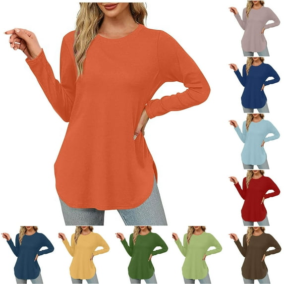 Fall Saving! HVOBTTY Womens Long Sleeve Pullover T Shirt, Fall Tops for Women, Women's Fashion Casual Solid Color Crew Neck Loose T Shirt Brown, XL