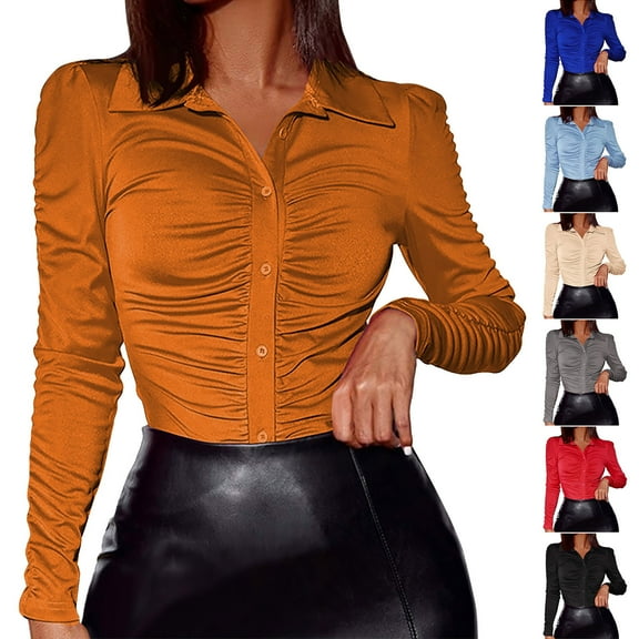 HVOBTTY Womens Long Sleeve Pullover T Shirt, Fall Tops for Women, Women's Fashion Collar Pleated Button Cardigan Shirt Black, XL