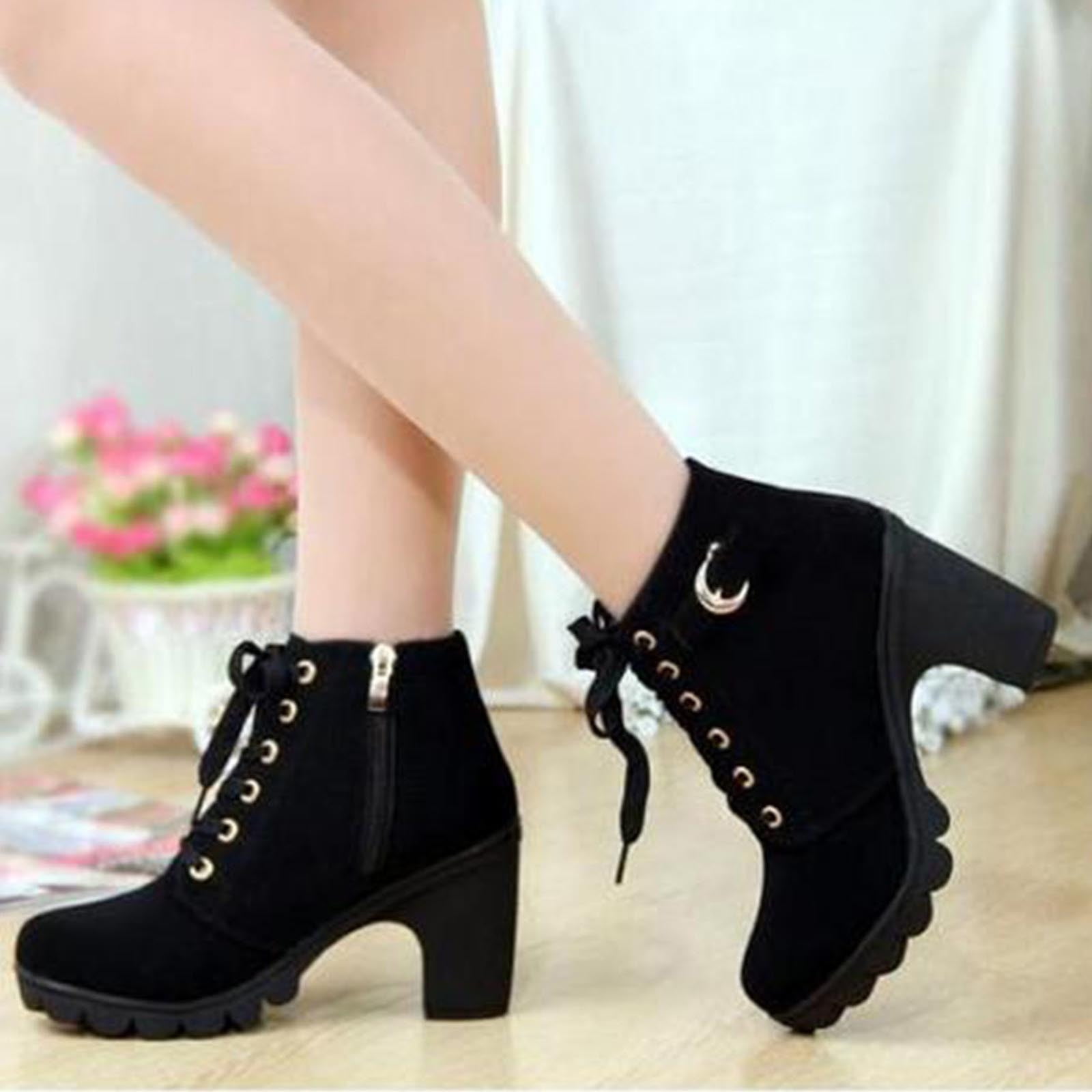 Amazon.com: YDYCG Women Black Plush Warm Shoes Soft Leather High Heels  Winter Lace Up Ankle Boots Fashion All-Match Short Boots Women's Cotton  Shoes (Color : Black, Shoe Size : 6) : Clothing,