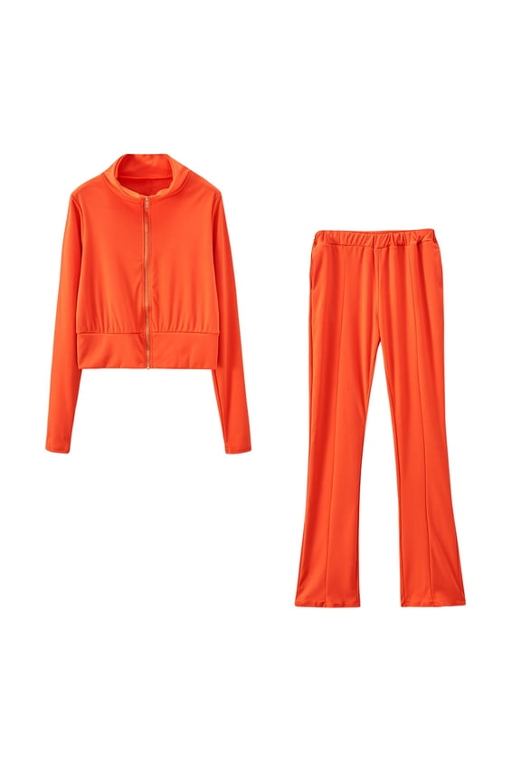 Fall Saving! Itsun Two Piece Sets for Women, Women's Color Standing Collar Lapel Sports Sweater Set Orange XL