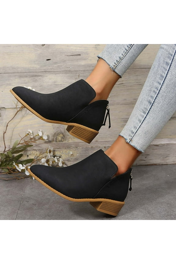 Fall Saving Juebong Women's Winter Boots Chunky Heel Low Heel Pointed Toe Boots Back Zipper Shoes