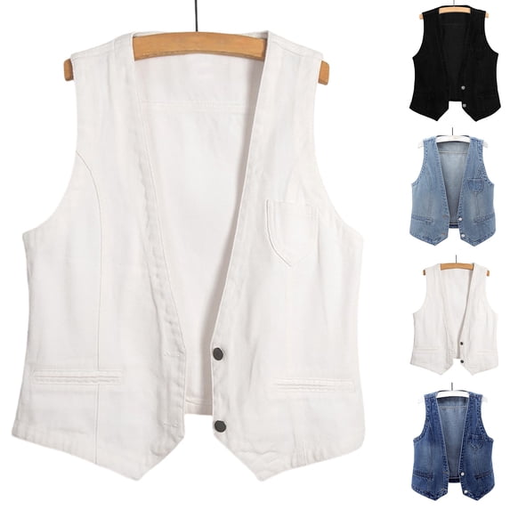 Kctiaxy Black Jean Vest for Women Sleeveless V-Neck Causal Denim Vest Top Solid Color Button Down Versatile Fashion Tank Top Vest with Pockets