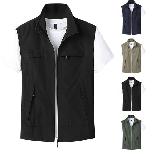 Kctiaxy Black Mens Vest Outerwear Causal Sleeveless Standing Collar Vest Thin Solid Color Quickly Dry Outdoor Zipper Lightweight Work Cargo Vest Jacket with Multiple Pockets