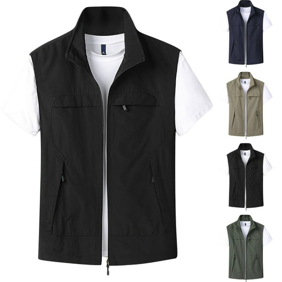 Kctiaxy Black Mens Vest Outerwear Causal Sleeveless Standing Collar Vest Thin Solid Color Quickly Dry Outdoor Zipper Lightweight Work Cargo Vest Jacket with Multiple Pockets