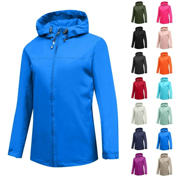 Kctiaxy Black Rain Jacket Women Lightweight Waterproof Raincoat Long Sleeve Zipper Windbreaker Jacket Solid Color Drawstring Hoodied Jacket with Pockets