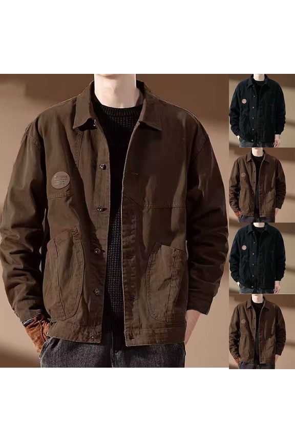 Black Winter Jackets for Men Long Sleeve Turn-down Collar Jacket Coat Vintage Print Cotton Versatile Style Fashion Causal Fall Winter Jacket