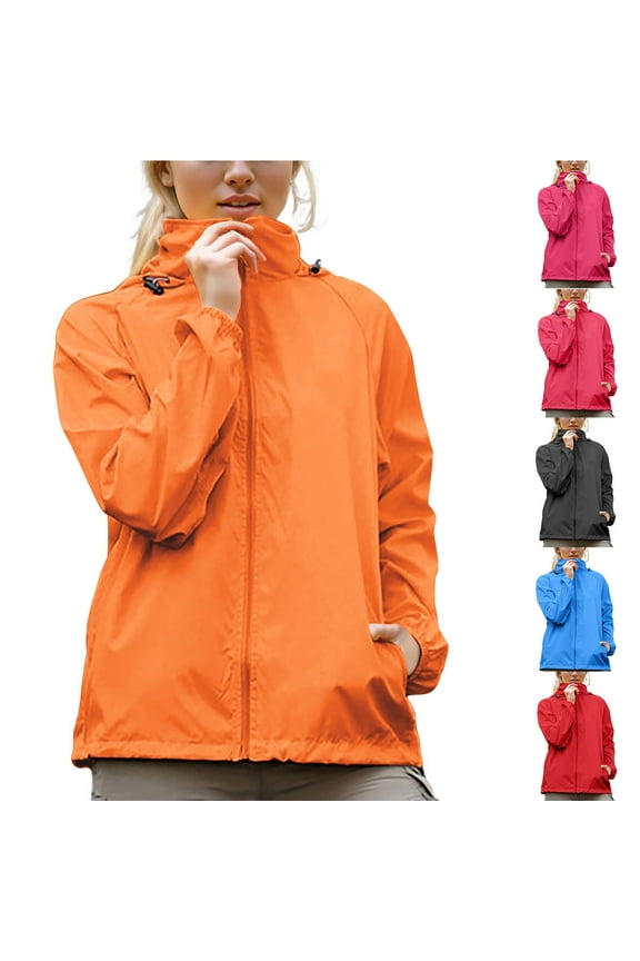 Black Womens Rain Jacket Lightweight Waterproof Raincoat Loose Drawstring Hoodied Windbreaker Jacket Solid Color Long Sleeve Zipper Jacket with Pockets