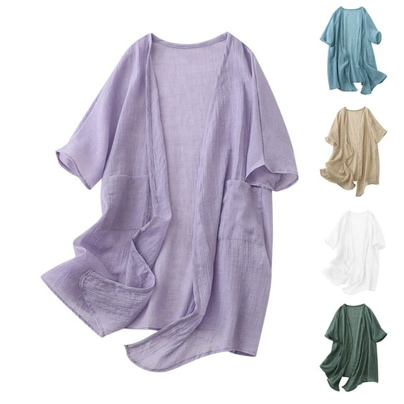 Kctiaxy Blue Short Sleeve Cardigans for Women Cotton Open Front T-Shirt Tops Summer Fashion Solid Color Loose Thin Cardigan Tops