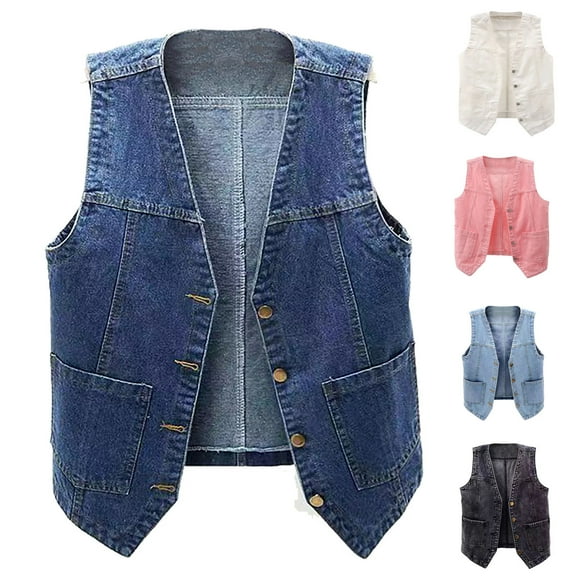 Fall Saving! Kctiaxy Blue Vest Tops for Women Sleeveless V-Neck Causal Jean Vest Solid Color Button Down Versatile Fashion Tank Top Vest with Pockets