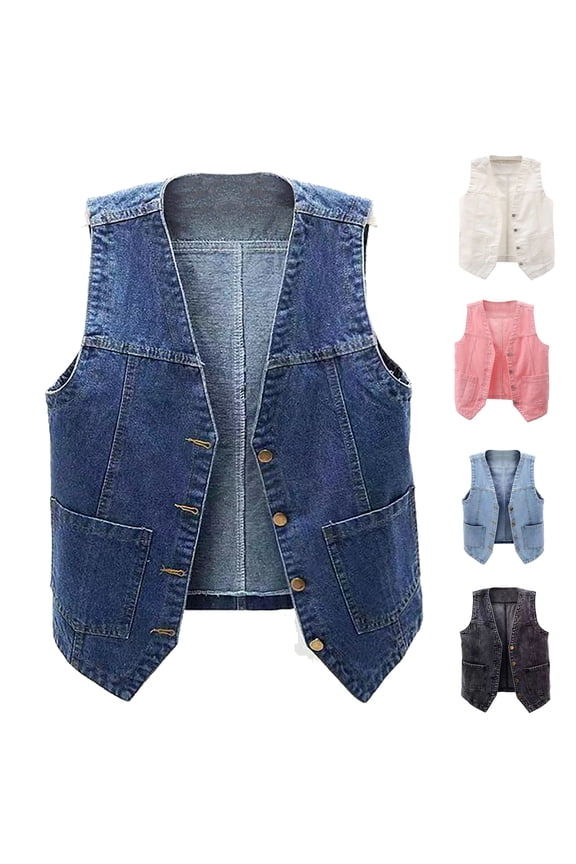 Fall Saving! Kctiaxy Blue Vest Tops for Women Sleeveless V-Neck Causal Jean Vest Solid Color Button Down Versatile Fashion Tank Top Vest with Pockets