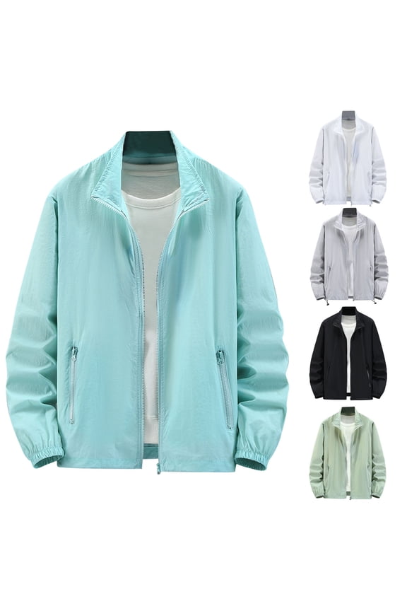 Green Long Sleeve Sun Shirt Men Turn-down Collar Thin Causal Jackets Zipper Quick Ly Dry Loose Sunscreen Outwear Jacket with Pockets