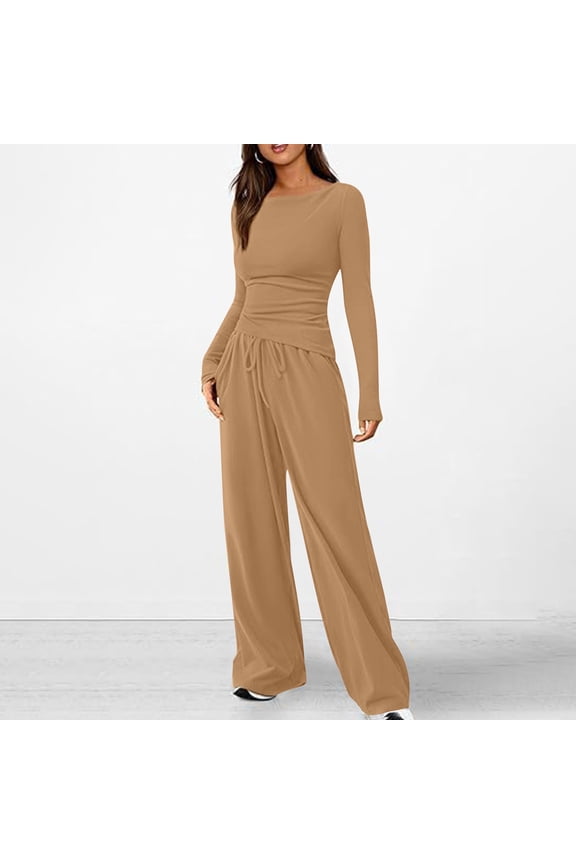 Outfits Set for Women Fall Sets for Women Clothing Solid Color Pocket Leg Pants Fashion Two Piece Set Round Neck Top Shirt Set Suit my orders placed