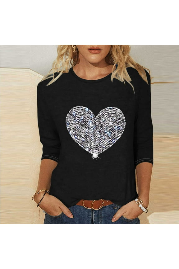 Fall Saving QUINDOS Graphic Tee Shirts Women Sequin 3/4 Sleeve Ladies Tops Casual Black Crew Neck Heart Loose Fit Tops
