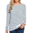 thumbnail image 1 of Fall Saving QUINDOS Long Sleeve Womens Tshirts Striped Ladies Tops Casual Gray Classic Fit Striped Crew Neck Patchwork Tops, 1 of 4