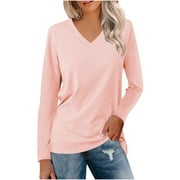 Fall Saving!QUINDOS T Shirts for Women Long Sleeve Womens Tops Plus Size Classic Fit Casual Solid V-Neck Pink Tops