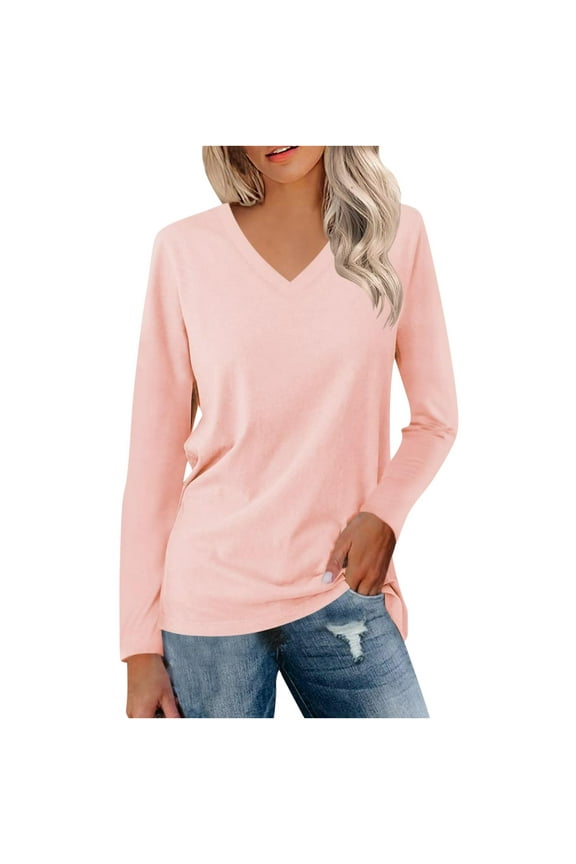 Fall Saving!QUINDOS T Shirts for Women Long Sleeve Womens Tops Plus Size Classic Fit Casual Solid V-Neck Pink Tops