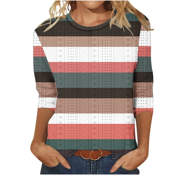 Fall Saving!QUINDOS T Shirts for Women Striped 3/4 Sleeve Ladies Tops Casual Khaki Crew Neck Classic Fit Striped Tops
